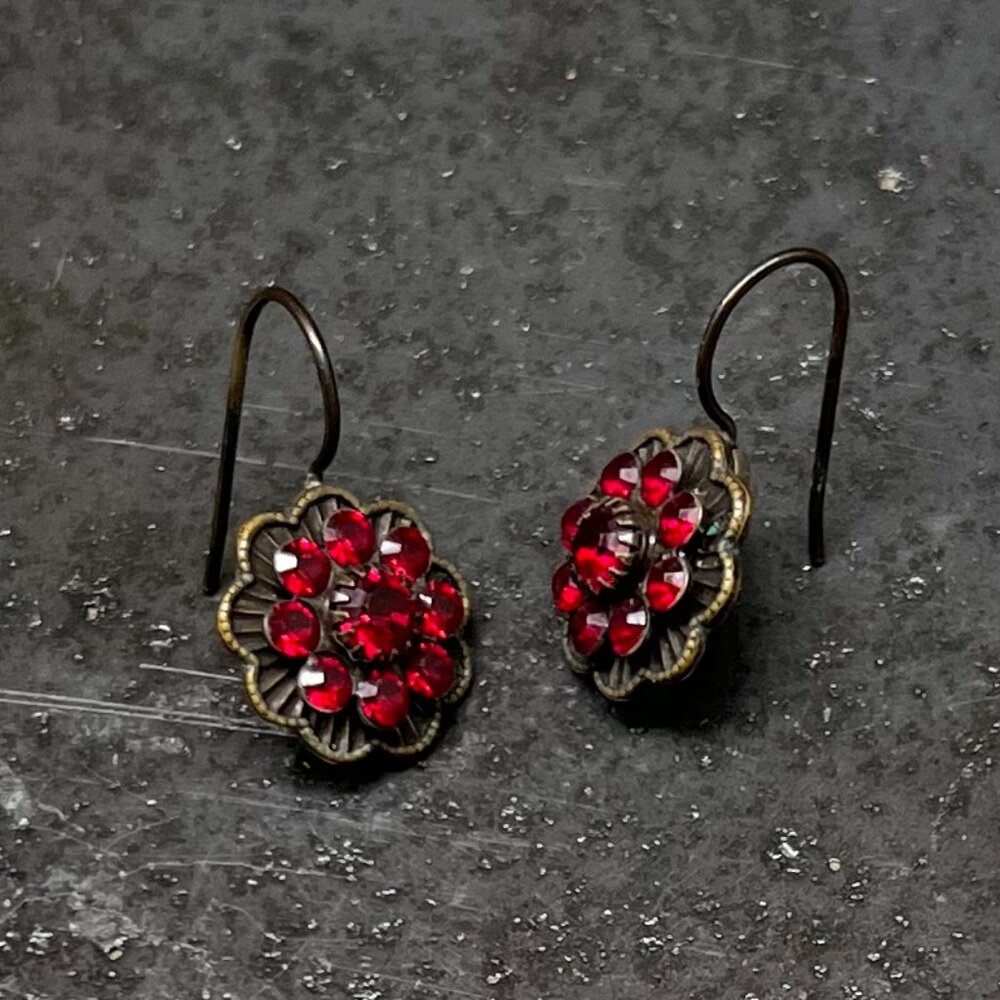 Vtg. Kenny Ma San Francisco Ruby Swarovski Crystal French Hook Pierced Earrings